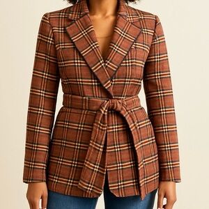 Potter’s Pot Brown Plaid Brushed Long Tie Belt Jacket Coat Size Medium